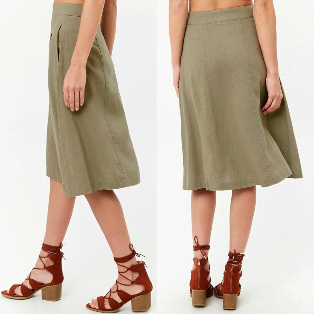 Light Olive Sage Linen Pleated A Line Midi Skirt - Picture 6 of 8